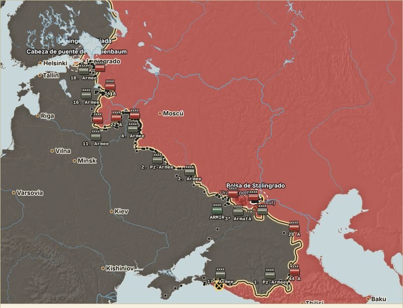 Mapa del frente oriental en noviembre de 1942, con el cerco de Stalingrado
