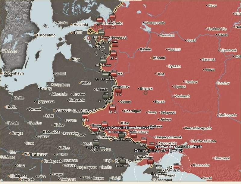 Mapa del frente oriental en febrero de 1944, con la bolsa de Korsun
