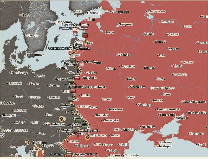 Mapa del frente oriental en octubre de 1944, del Báltico a Hungría