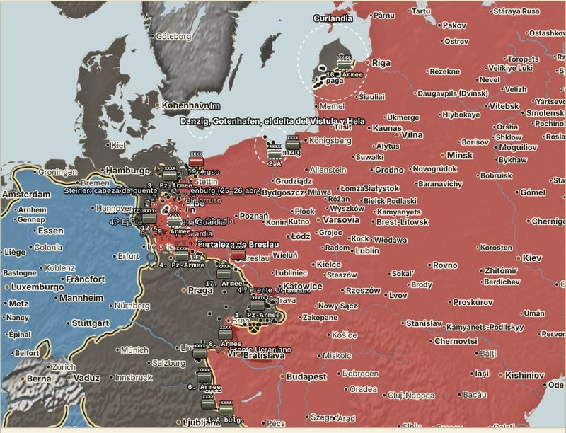 Mapa del frente oriental en abril de 1945, con la batalla de Berlín