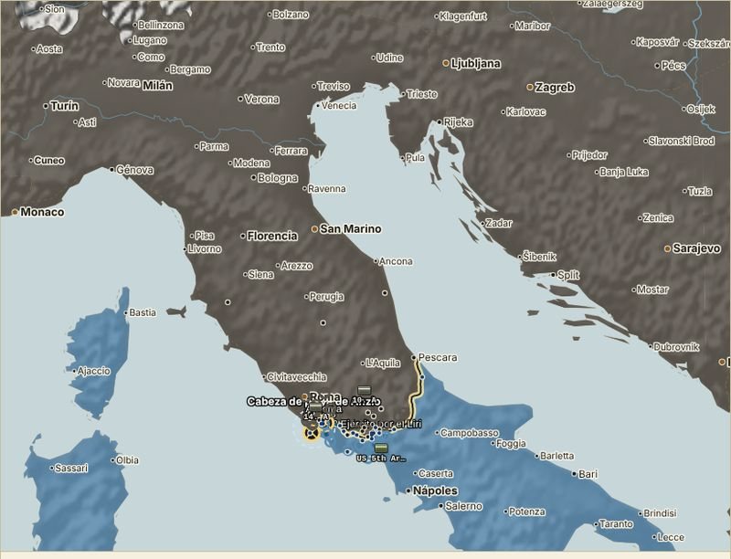 Mapa de Italia en mayo de 1944, con Montecassino y Anzio