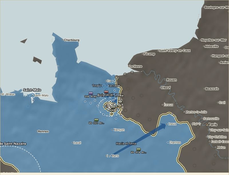 Mapa de Normandía en agosto de 1944, con la bolsa de Falaise