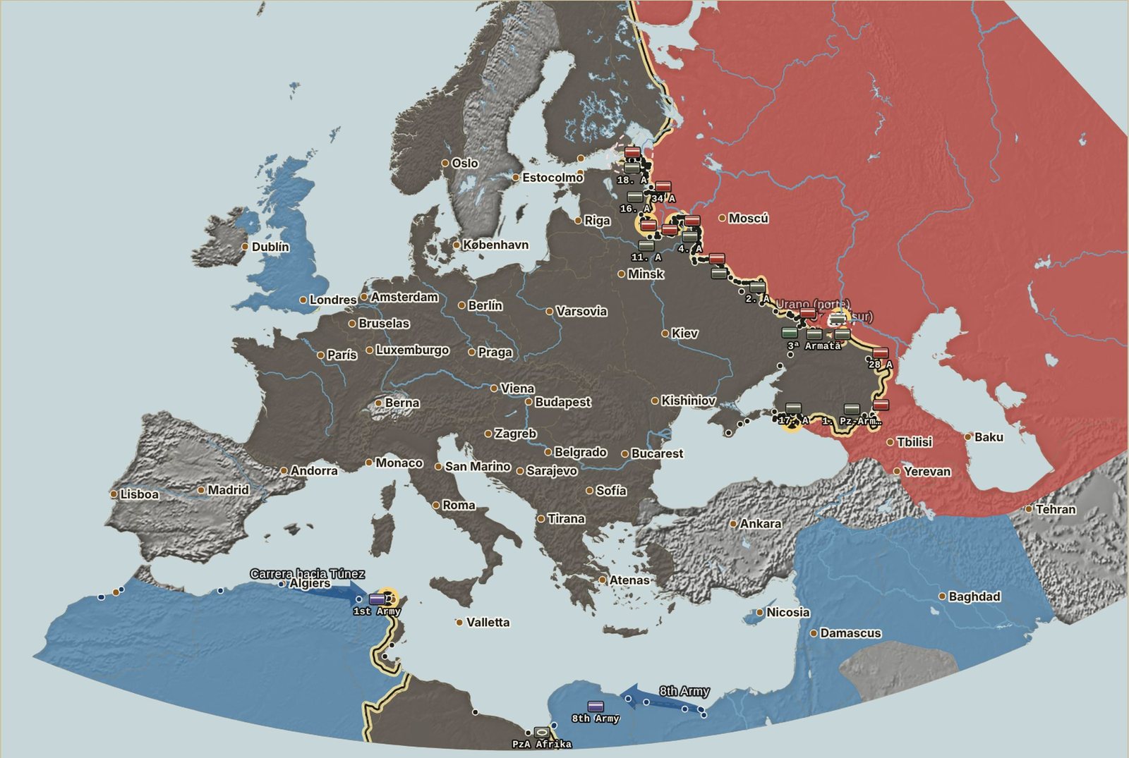Europa el 25 de noviembre de 1942: el frente oriental con el cerco de Stalingrado, la carrera hacia Túnez y el 8.º Ejército británico en Libia, todo en el mismo mapa
