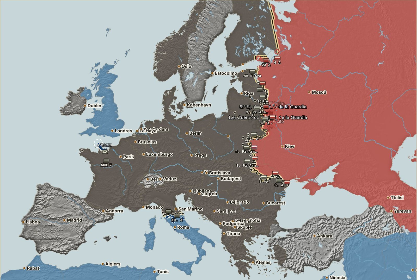 Vista general de Europa el 1 de julio de 1944 con todos los frentes